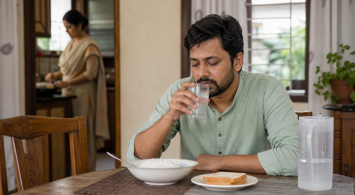 ফুড পয়জনিংয়ের সময় বাসায় বসে তরল পান করছেন এমন এক বাংলাদেশি প্রাপ্তবয়স্ক