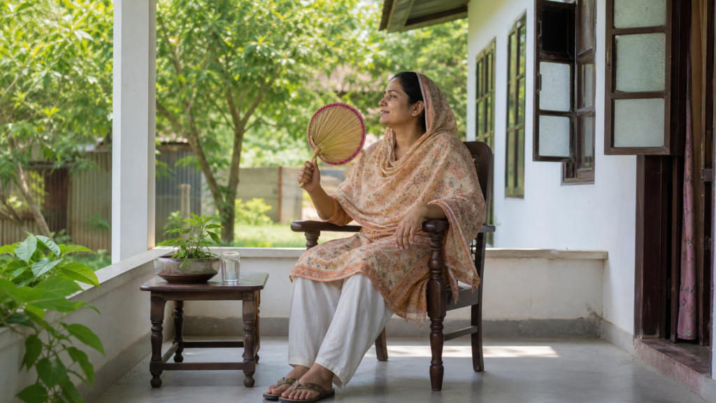 বাংলাদেশি একজন নারী গরমের দিনে ছায়াময় বারান্দায় হাতপাখা ও পানির গ্লাস নিয়ে বিশ্রাম নিচ্ছেন