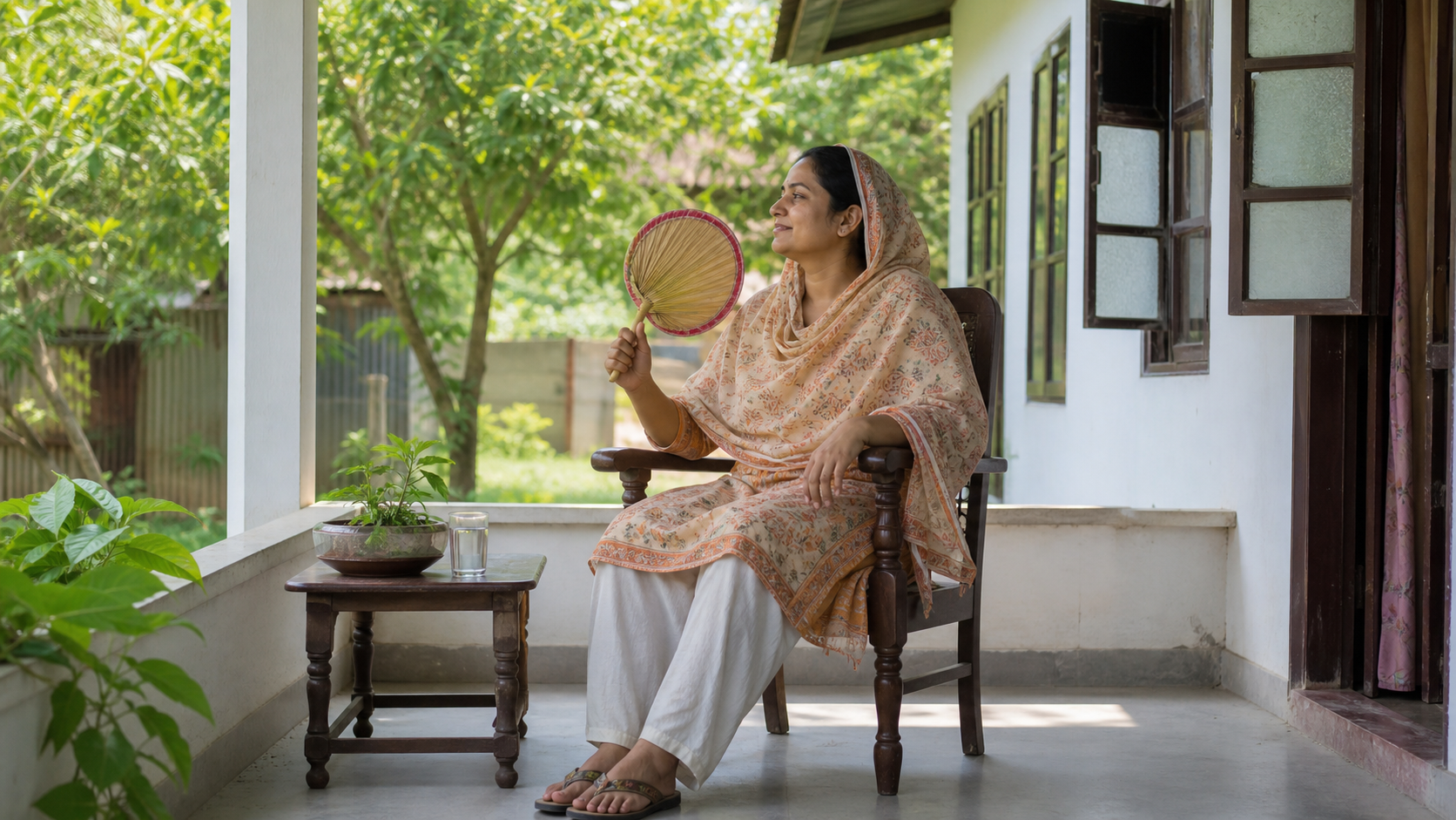 বাংলাদেশি একজন নারী গরমের দিনে ছায়াময় বারান্দায় হাতপাখা ও পানির গ্লাস নিয়ে বিশ্রাম নিচ্ছেন