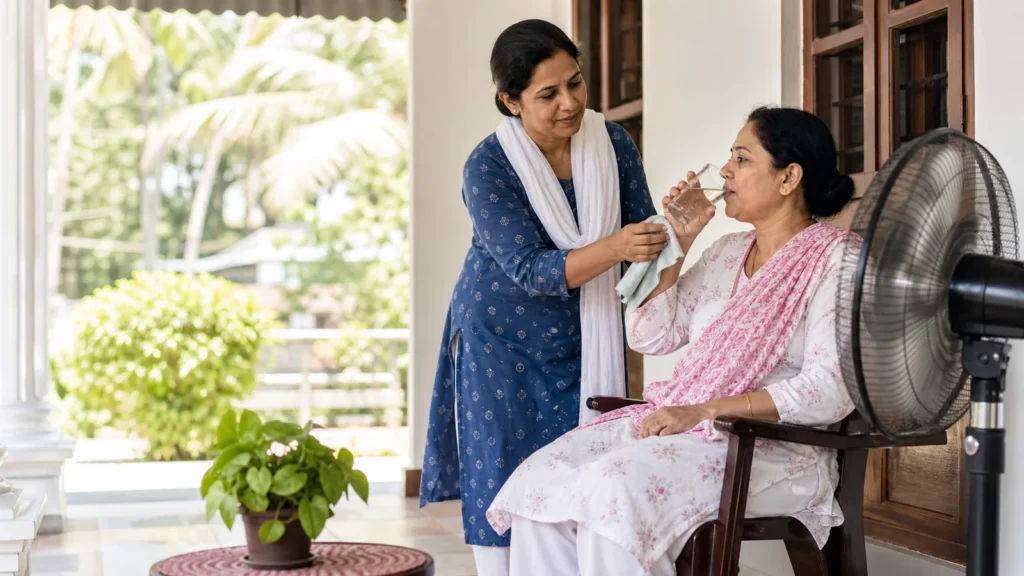 তীব্র গরমে ছায়ায় বসে পানি পান করছেন একজন নারী, পাশে সহায়তাকারী ও পাখা